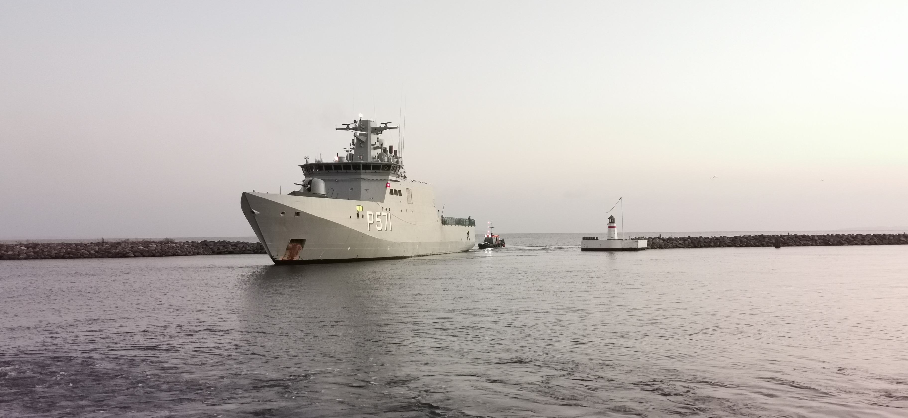 A navy vessel entering the Port of Søby