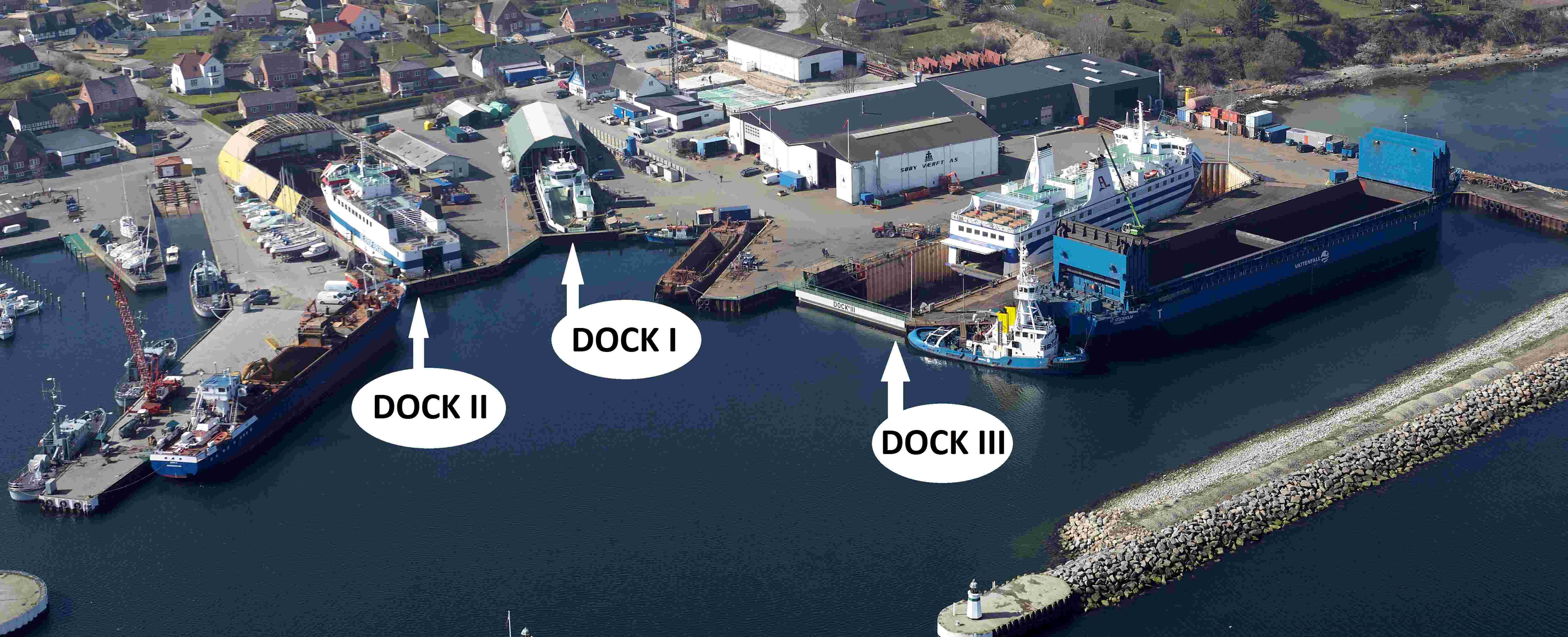 Søby Shipyard seen from above with dock indication